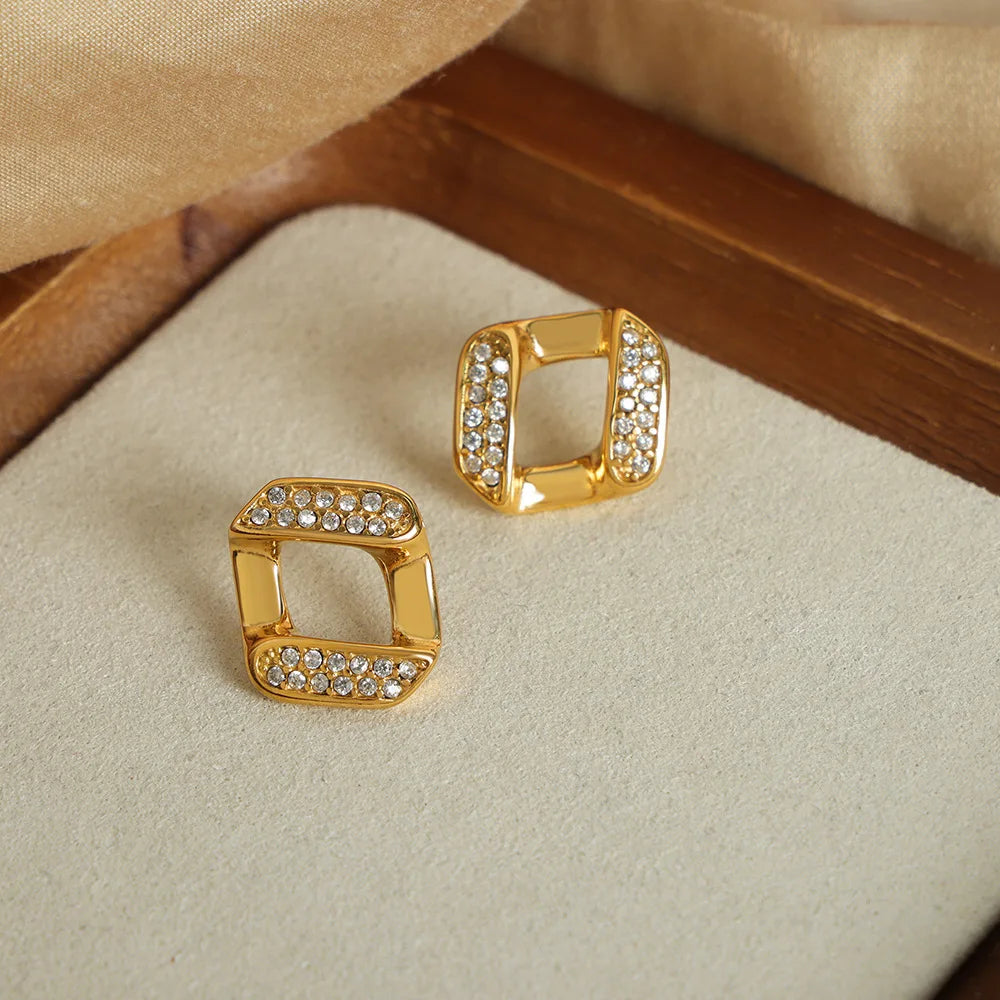 Ins Popular Personality Stainless Steel Gold Plated Earrings Geometric Rhinestone Cubic Zirconia Diamond Stud Earrings for Women