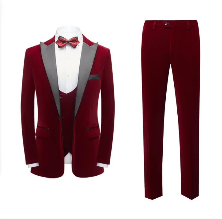Men's Stage Suits Performance Dresses British Self-cultivation Velvet Fabric Burgundy Suit Three-piece Wholesale Customization