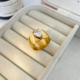 Large Water Drop Zircon Wide Face Ring Stainless Steel Plated 18k Gold Wedding Ring Joyas De Acero Inoxidable Al Por Mayor