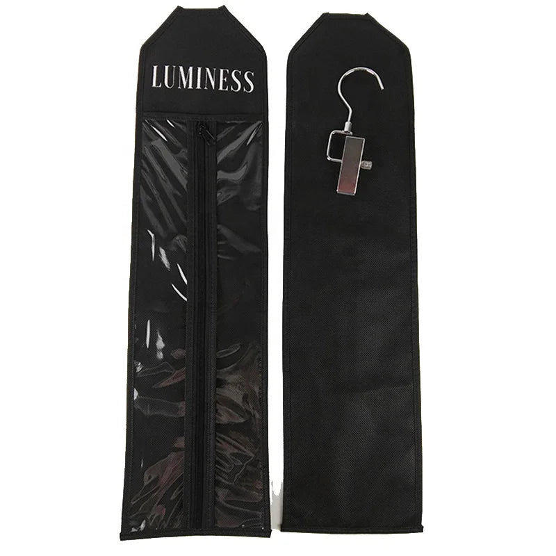 22'' Hair Bundles Packaging Extension Bags Black Mini Hair Extension Bag with Customs logo and Metal Hook