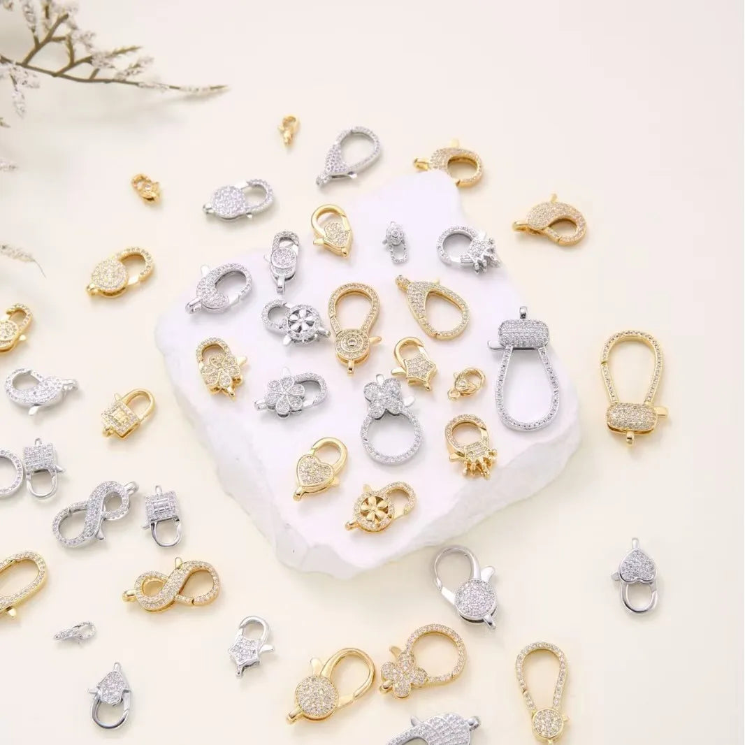DIY Accessories CZ Cubic Zircon Pave Chunky Key Jewelry Buckle Bracelet Necklace Silver Gold Lock Metal Lobster Claw Clasp