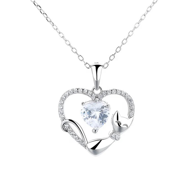 Fashion Heart Shaped Diamond Fox Pendant 925 Sterling Silver Necklace Jewelry