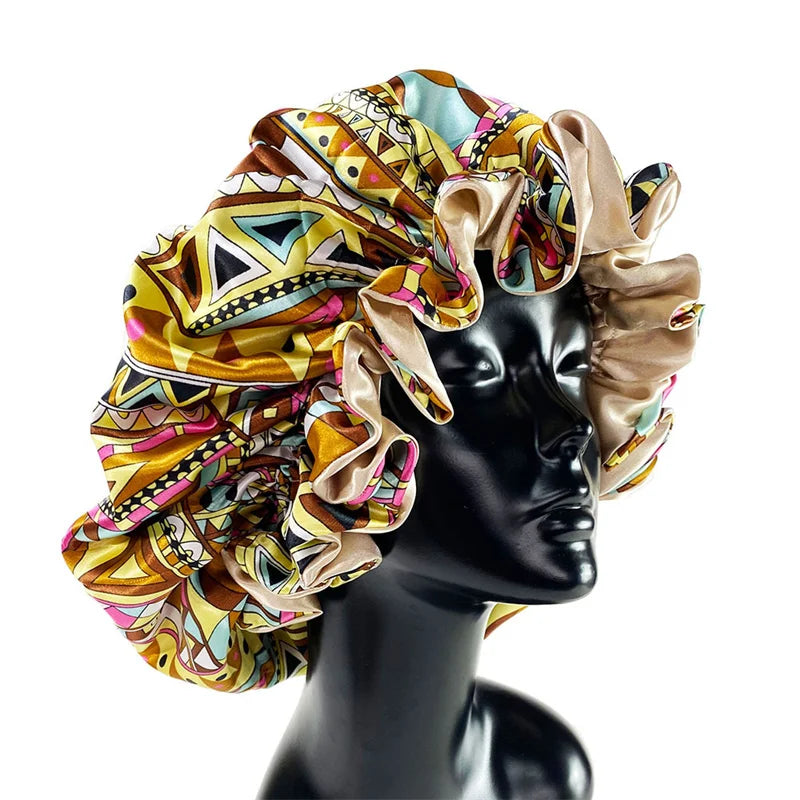 Stylish Retro Women Double Layer Polyester Elastic Night Sleep Hat Lightweight Full Print Extra Large Satin Bonnet for Sleeping