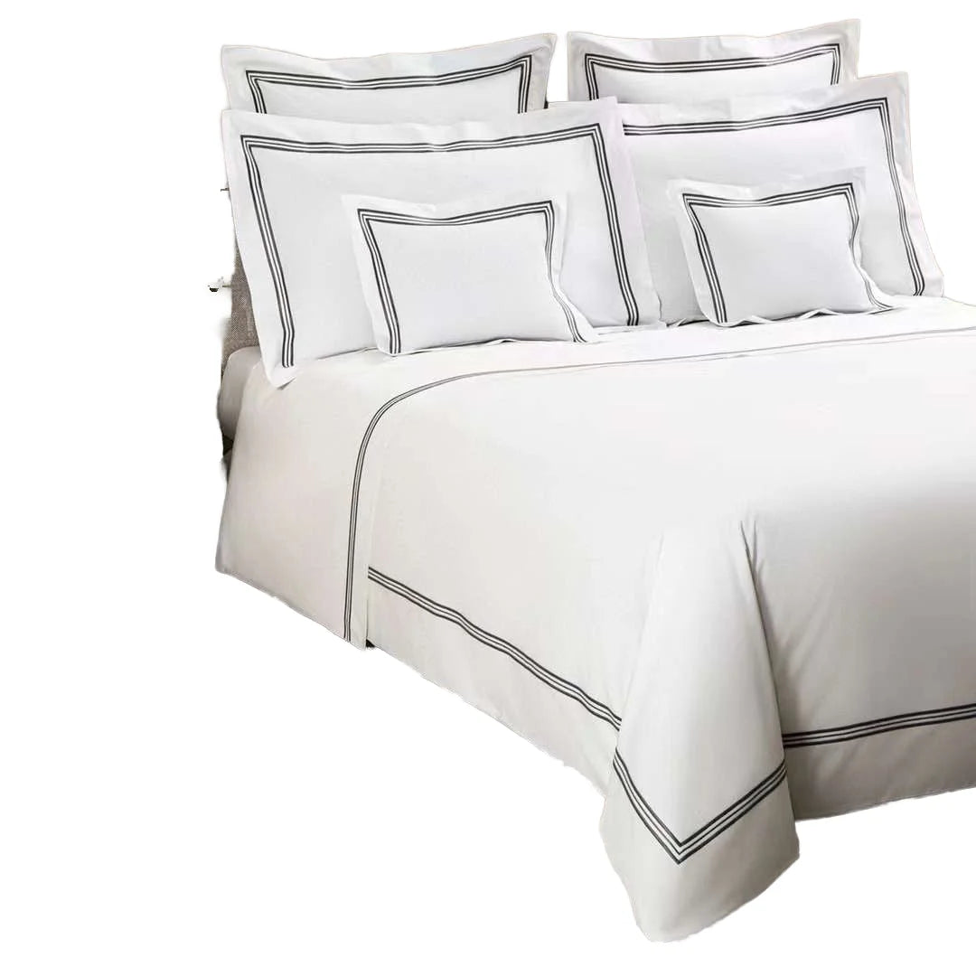 Luxury Hotel Quality 100% Cotton Duvet Cover Sheet Set Embroidered 3 Lines Striped Solid Vintage Pattern Different Colors Home
