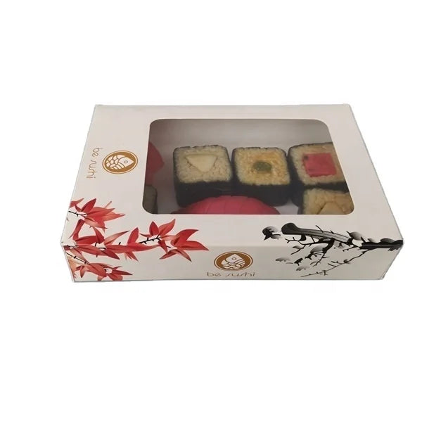 Custom Logo Disposable Square Paper Sushi Box Clear Window Embossed Matt Lamination Customized Size for Noodle Jelly Chewing Gum
