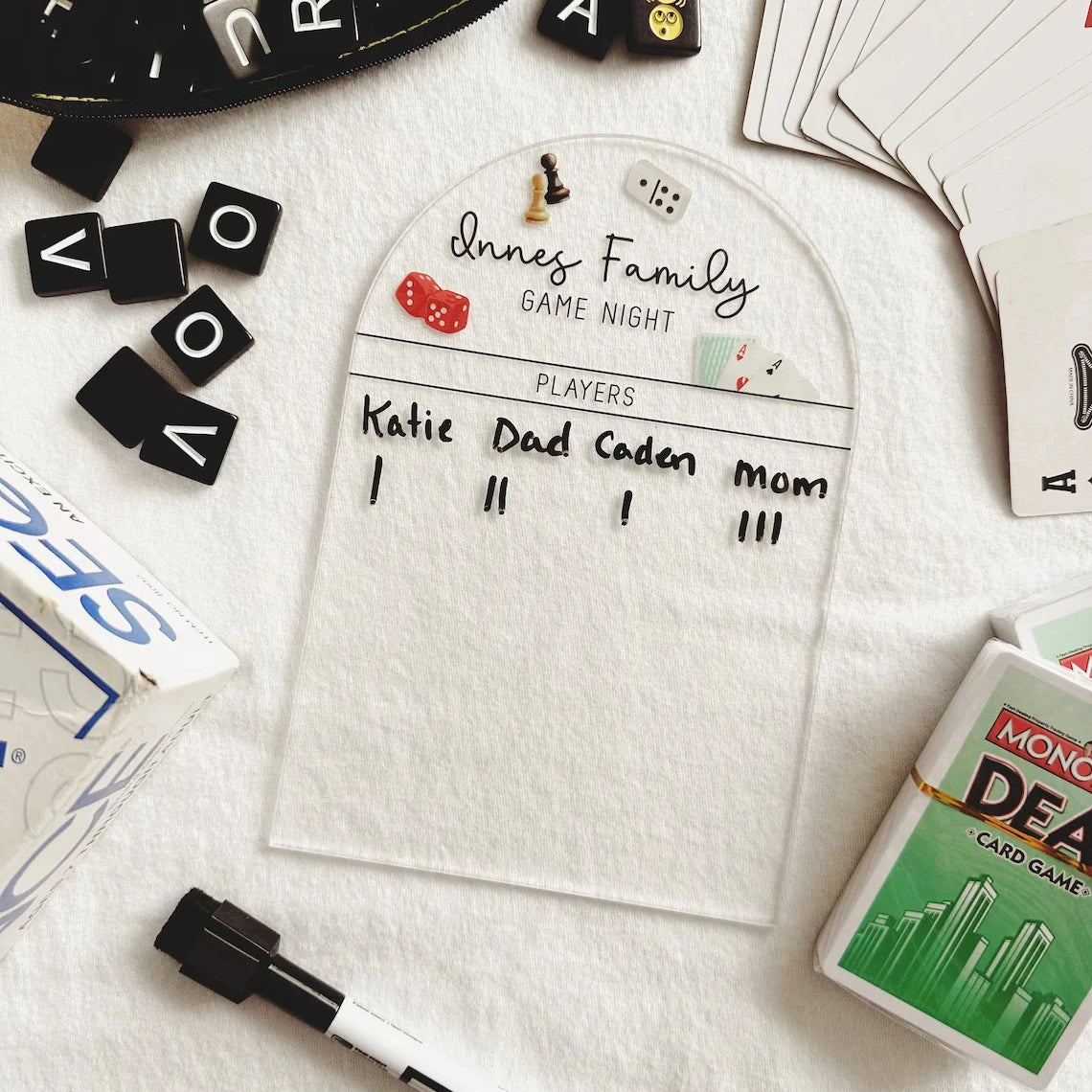 Laser Cutting Clear Acrylic Personalized Acrylic Game Night Score Card Family Game Night Score Tracker