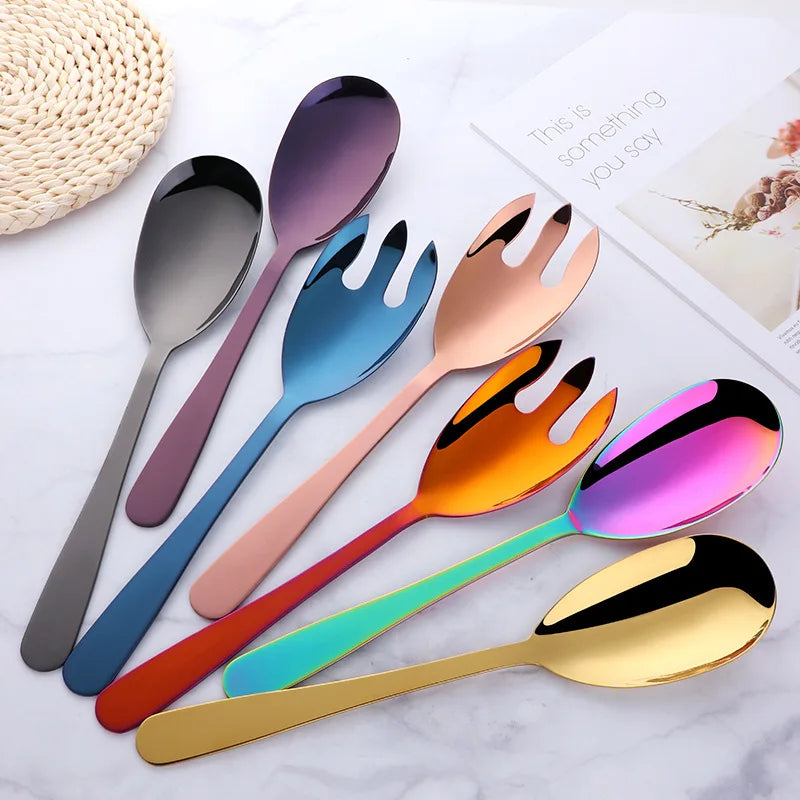 Big Serving Spoon Fork Stainless Steel Salad Mixer Set Spork