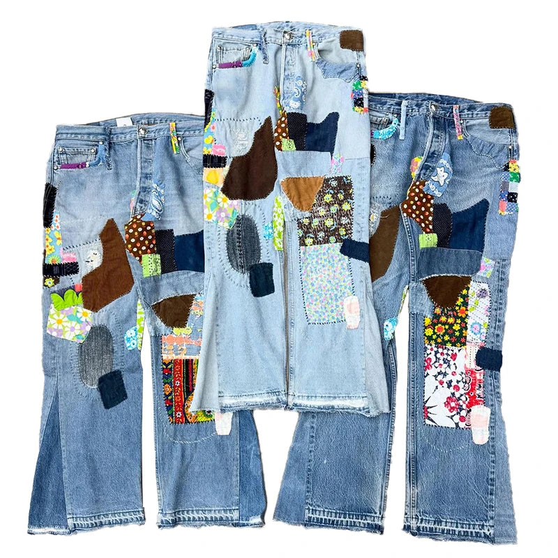 YSJY Manufacturer Custom Vintage Streetwear Custom Spliced Jeans Y2K Multi-Color Printed Denim Jeans Pants for Men
