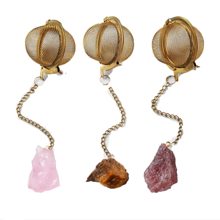 304 Gold Stainless Steel Ball Tea Strainer Raw Irregular Amethyst Fluorite Tea Filter Reusable Diffuser Crystal Tea Infuser