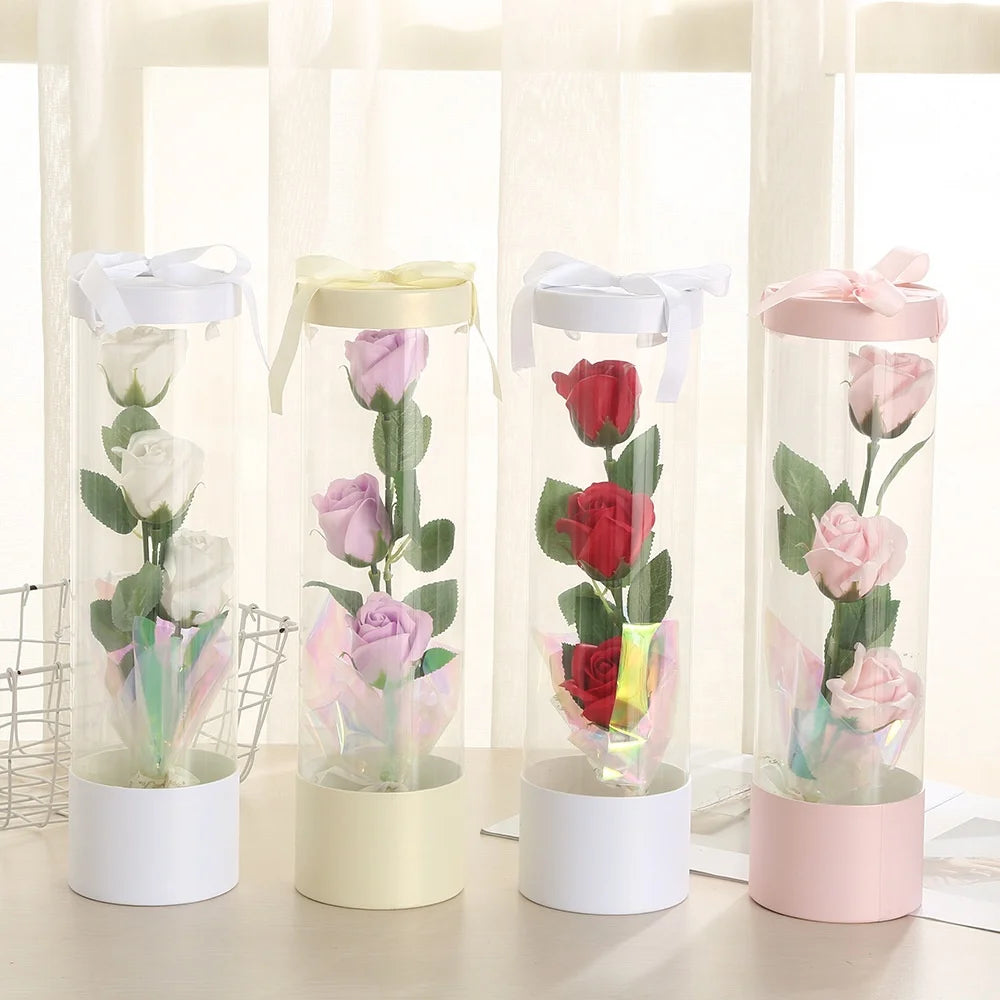 XJH Valentine's Day Gift New Rose Hugging Soap Transparent PVC Bucket Bouquet Long Tube Simulation Flower Box
