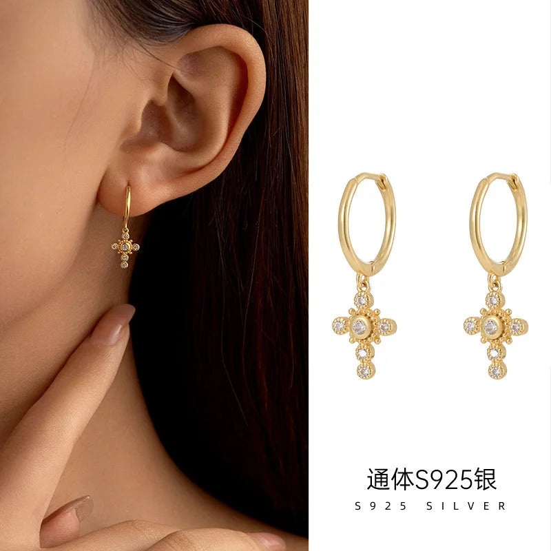 Factory Wholesale Cheap Price 925 Sterling Silver Cross Zircon Drop Earring Gold Plated Hoop Earrings for Women