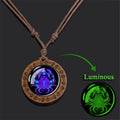 Luminous 12 Constellations Jewelry Retro Style Zodiac Sign Glass Cabochon Wooden Pendant Brown Braiding Woven Rope Necklace