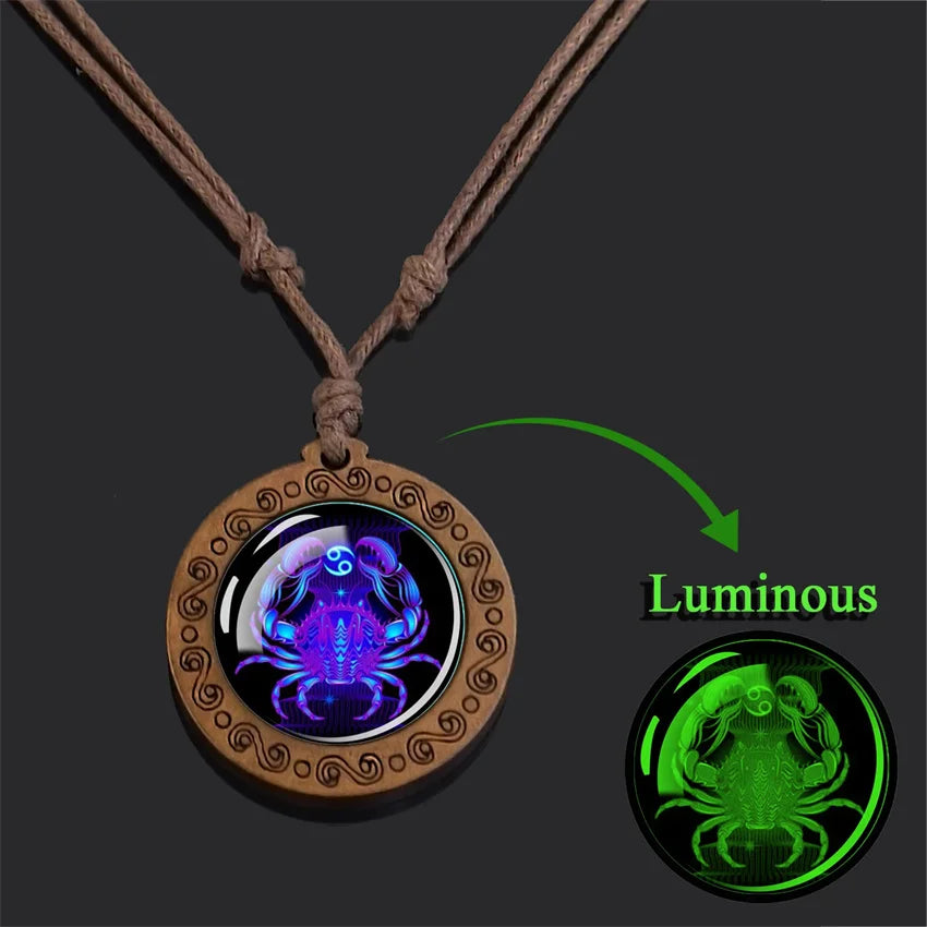 Luminous 12 Constellations Jewelry Retro Style Zodiac Sign Glass Cabochon Wooden Pendant Brown Braiding Woven Rope Necklace