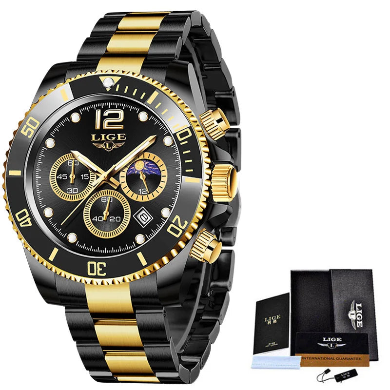 For LG8924 Men's Fashion Analog Quartz Chronograph Stainless Steel Waterproof Business Designer Dress Watch Calendar Gift Box