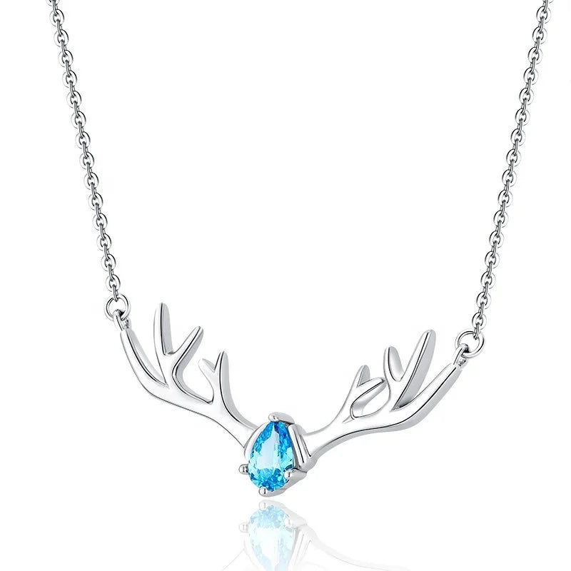 YILUN Quickly Delivery 925 Sterling Silver Blue Crystal Antler Necklace Rhodium Plated Fashion Necklace Jewelry for Women