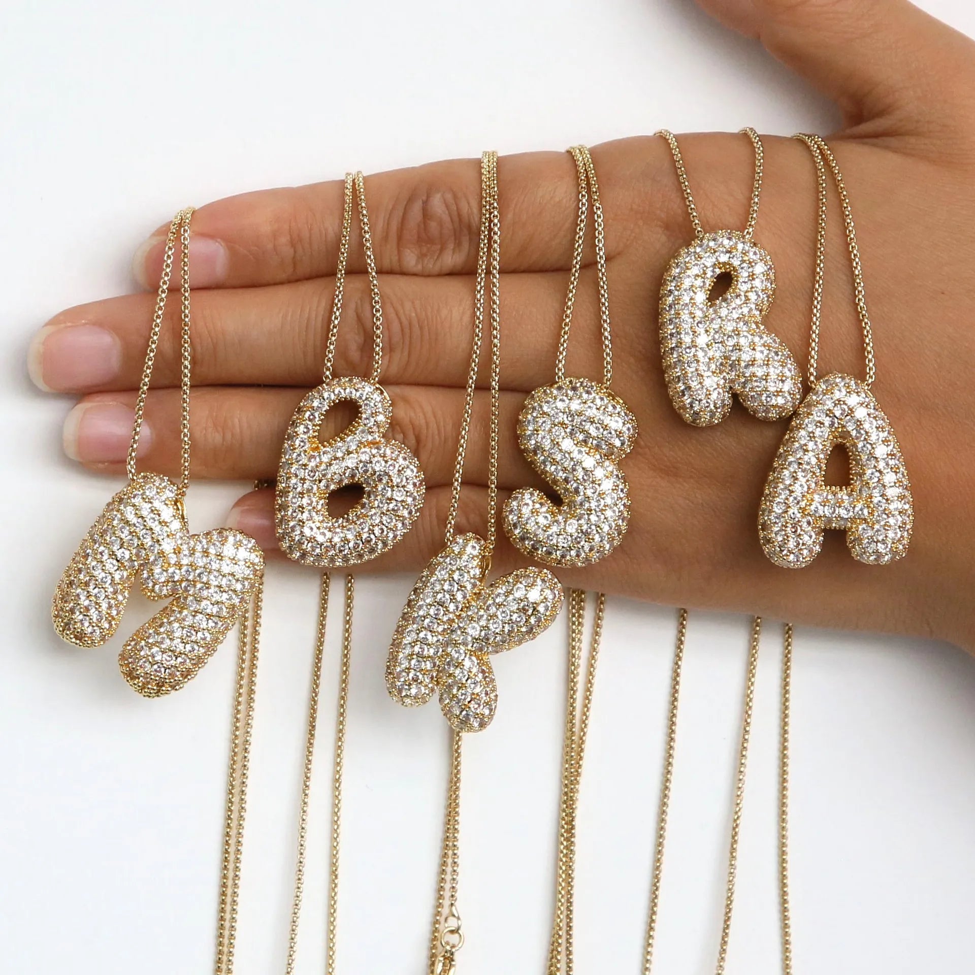 Luxury Brass 26 Letter Balloon Chubby Bubble Necklace Fashion Exquisite Pendant Zircon Necklace for Women
