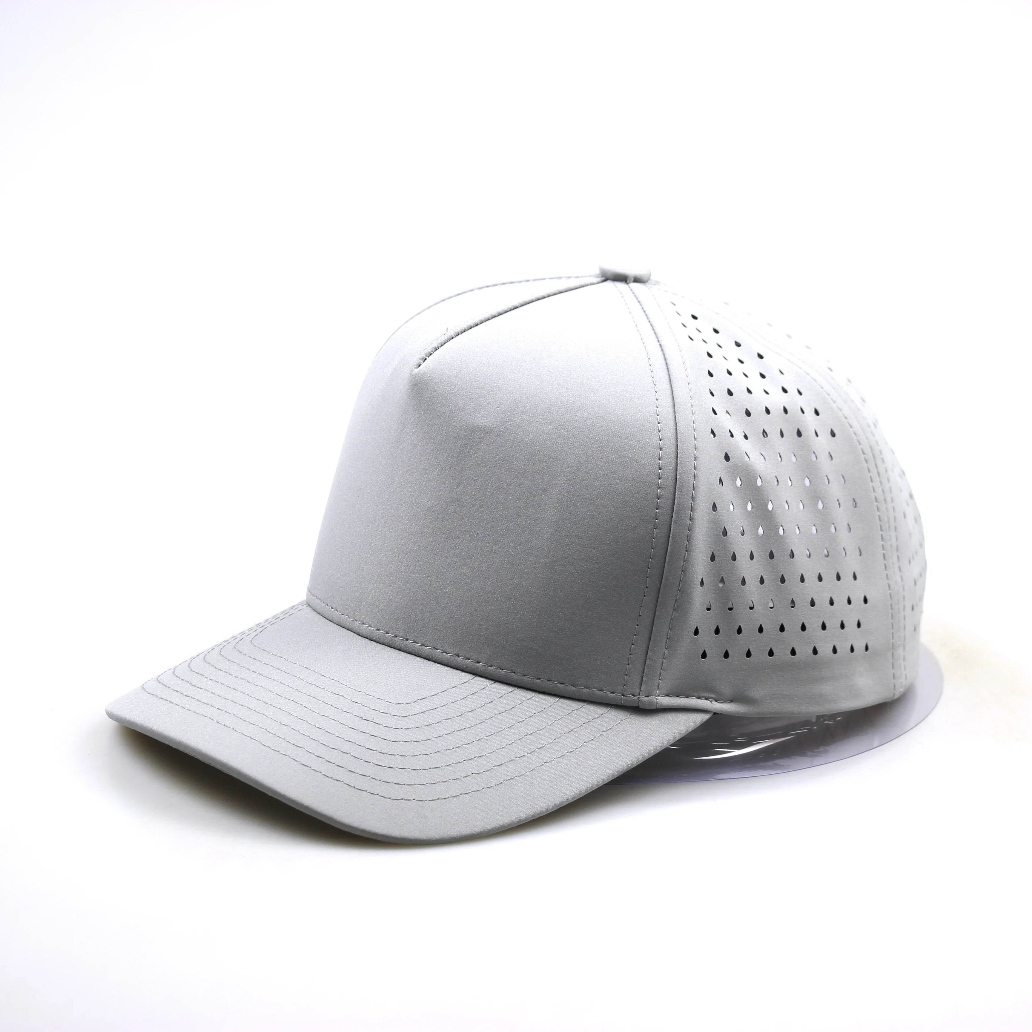 OEM/ODM Accepted Flat Brim Snapback Hat Gray 5Panel Laser Cut Baseball Caps Waterproof Fabric Customized Logo for Fashion Brands