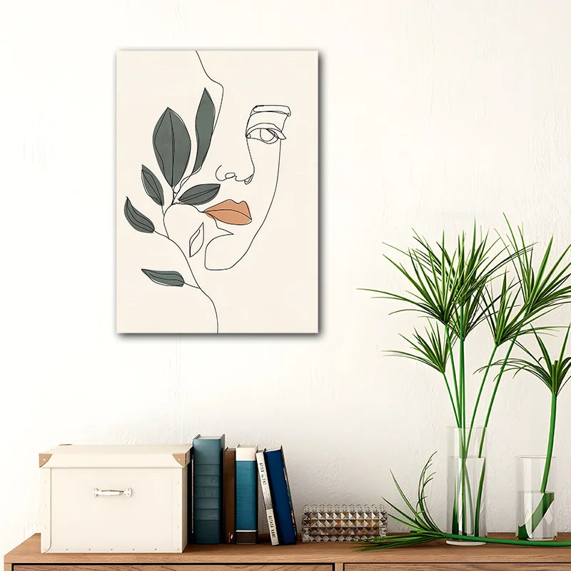 Fashion Woman in Line Style With Green Color and Plant One Line Art Drawing Abstract Woman Face Wall Art for Home Decoration