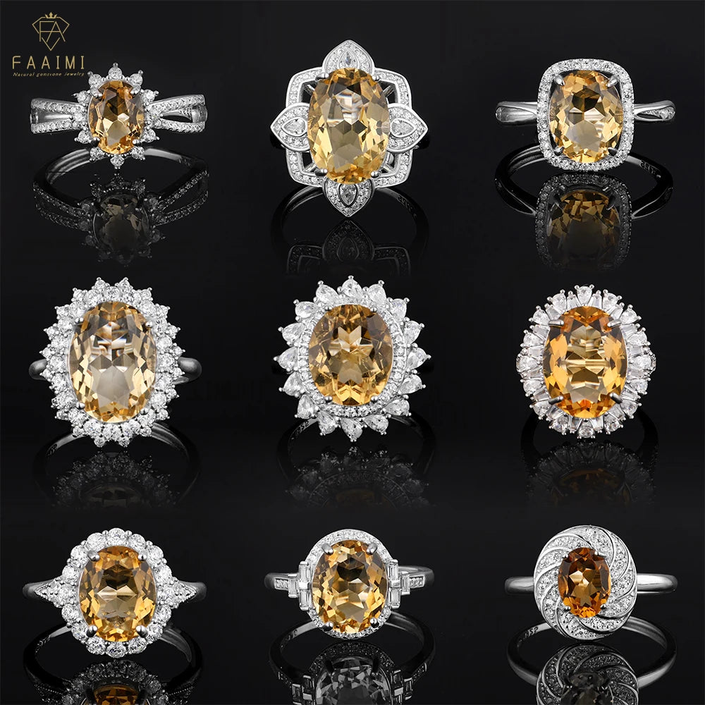 S925 Sterling Silver Natural Inlay Exquisite Diamond Crystal Citrine Gemstone Ring for Women Adjustable Ring for Party and Gift