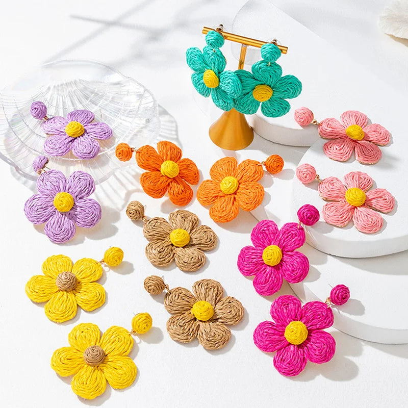Boho Handmade Woven Rattan Earrings Colorful Braided Rattan Flower Shape Drop Earrings