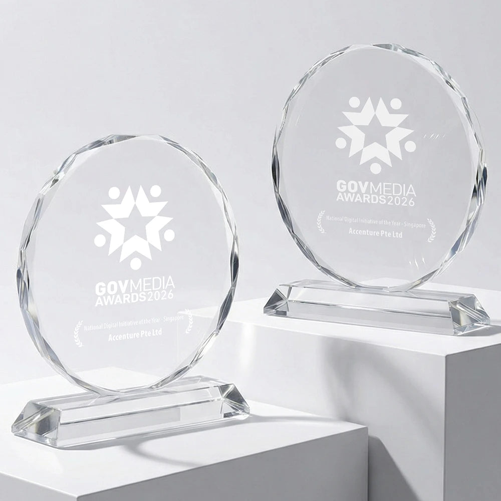 Custom Circular Crystal Trophy Award Personalized Engraved Round Glass Plaque Corporate Leadership Honor Government Media Gifts
