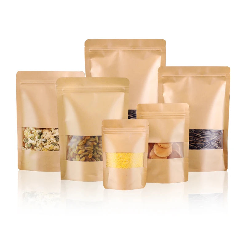 In Stock Biodegradable Classic Kraft Paper Zip Lock Bag with Window for Food Packaging Potato Chips & Pet Food