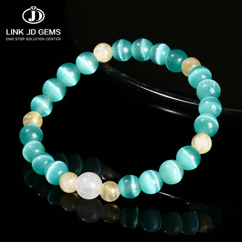 JD GEMS Fashion Energy Healing Stretch Rope Bangle Luxury Lake Blue Cat'S Eye Yellow Jade Bracelet