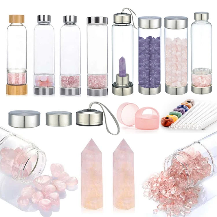 Custom Elixir Natura Crystal Infused Gemstone Healing Rose Quartz Borosilicate Diamond Glass Tumbler 16oz/450ml BPA-free