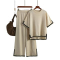 Color Blocking Splicing Edge Wrapped Short Sleeved Top Wide Leg Pants Knitted Set
