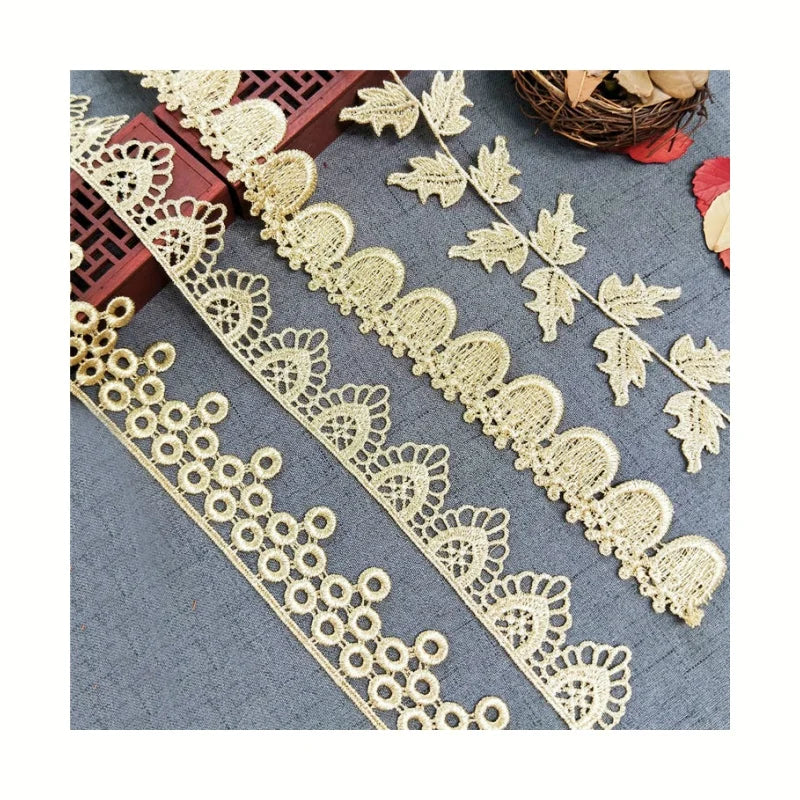 Different Gold Polyester Lace Trimmed With Pure Embroidery Embroidered Veil Lace Decorative Fabric for GarmentJB34/JB35