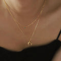 Europe Fashion PVD Gold Plating Double Layered Stainless Steel Chain Zircon Crescent Moon Pendant Necklace for Women Girls