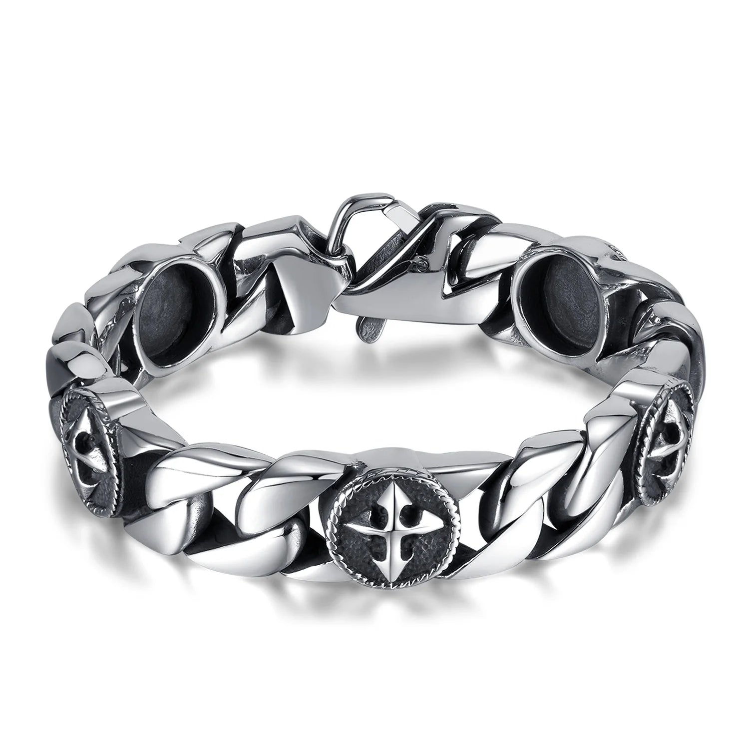 Best-selling European and American Retro Punk Style Round Medal Cross Hook Buckle 215mm Men's Stainless Steel Bracelets