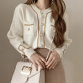 Cis Cardigan Sweater Hand Knitted Cardigan Button Loose Pearl Beads Golden Thread Design Solid Knitwear Pocket Coat