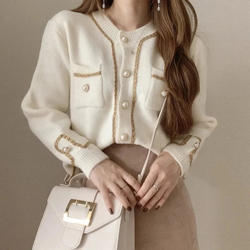 Cis Cardigan Sweater Hand Knitted Cardigan Button Loose Pearl Beads Golden Thread Design Solid Knitwear Pocket Coat