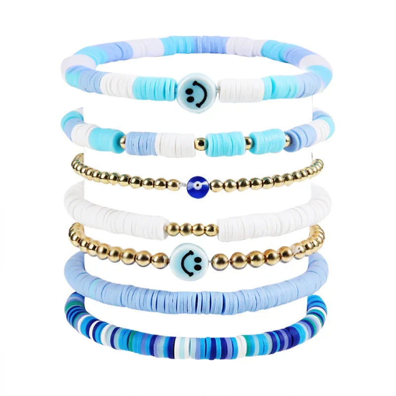 7 Rows Pink White Beaded Bracelets for Women Girls Gold Plated Silicone Smile Face Fashion Cute Style Polymer Clay Jewelry Sets