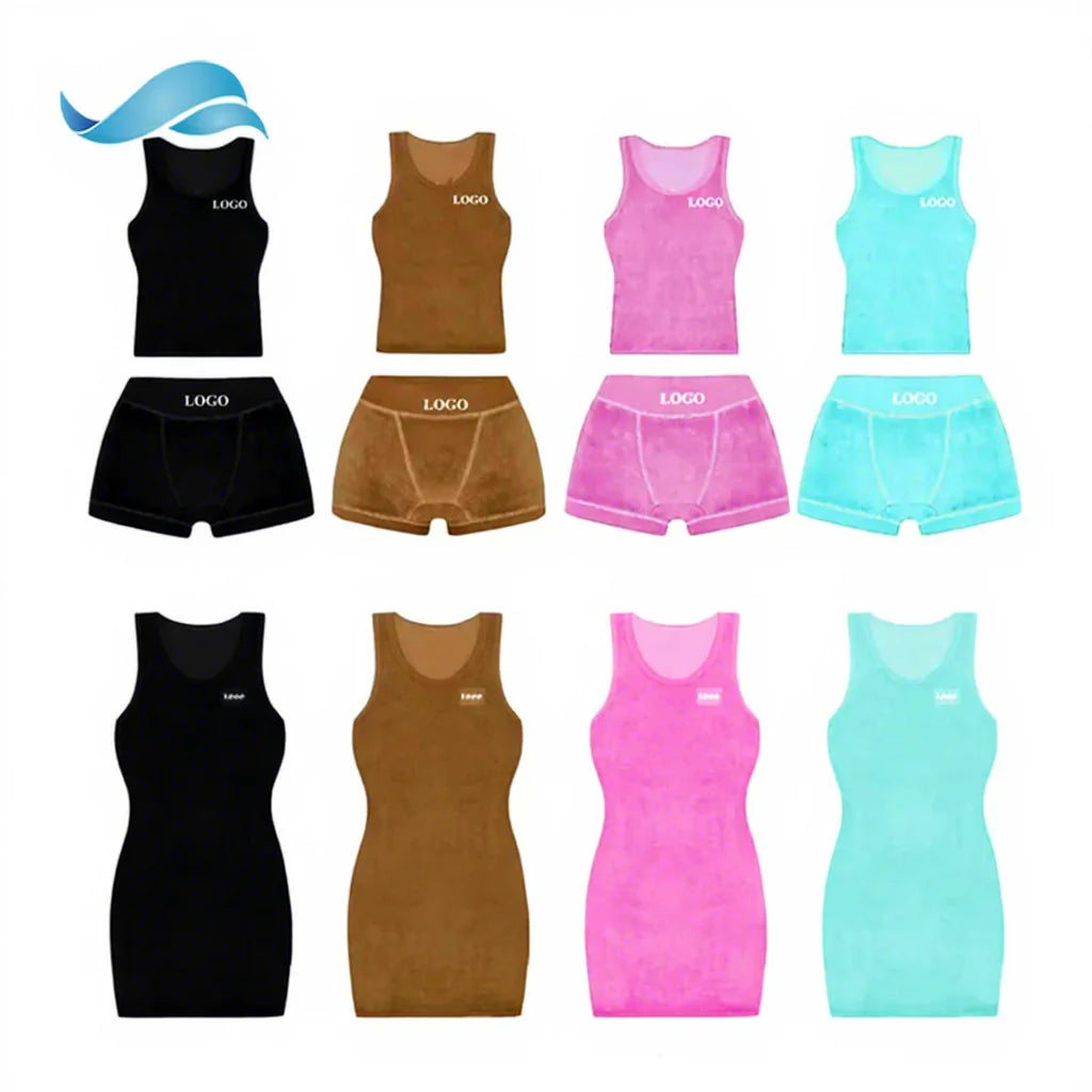 Custom Embroidery logo Solid Color Terry 2 Piece Set Lounge Wear Towel tank Top Leggings Women Two Piece Shorts Set
