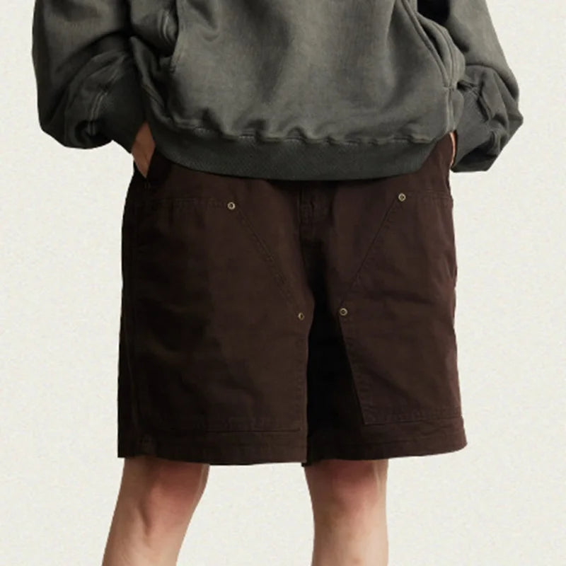 Spring / Summer Style 100% Cotton Vintage Double Knee Leaven Wash Rivets Decorated Loose Straight Leg Casual Cargo Shorts