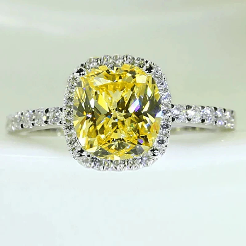 CAOSHI Gorgeous Big Square Shaped Yellow Crystal Cubic Zirconia Wedding Rings for Bride Fashion Party Silver Plated Rings Women
