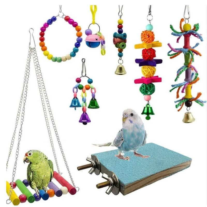 Dancing Paws Eco-Friendly Wood Bird Parrot Chew Bite Toy Multicolor 8-Piece Set Model DP125