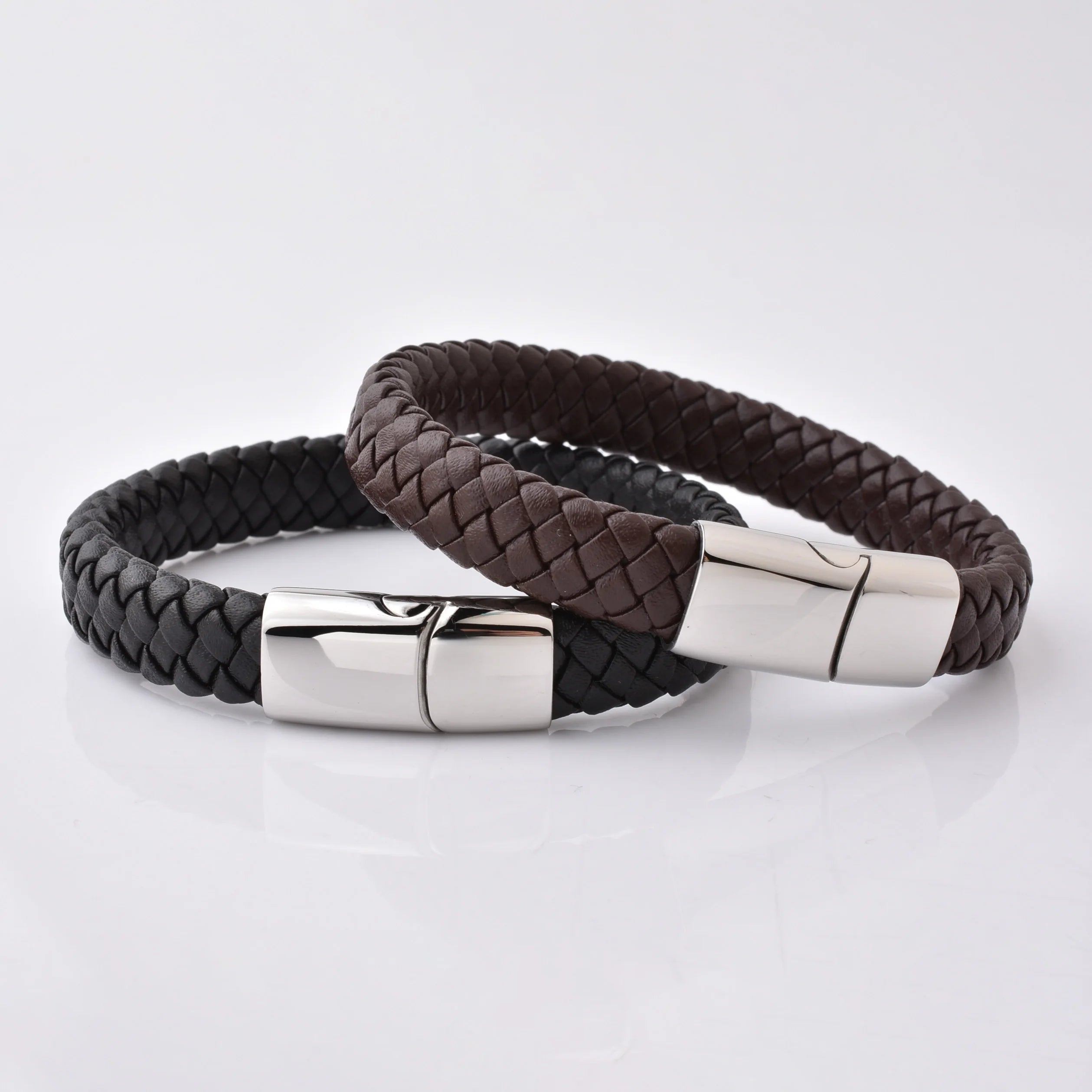 New Arrival Men's Genuine Leather Hand Jewelry Braided  Black Brown Magnetic Clasp Bracelet