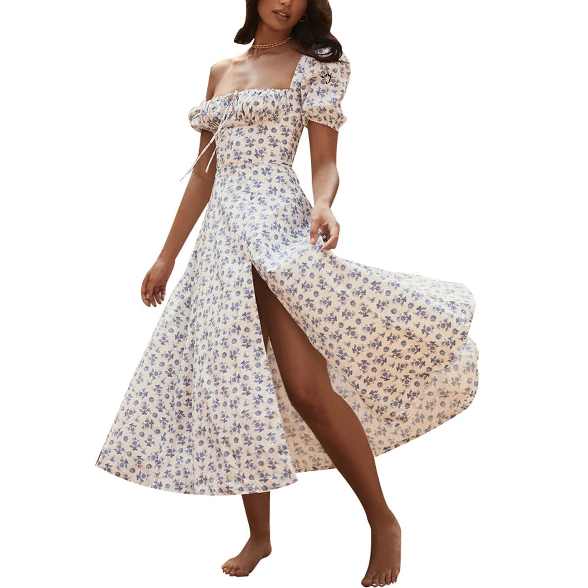 Custom Brand Summer Fashion Casual Women Midi Dress Bubble Sleeve Floral Lace-up Split European American Style Woven Weaving