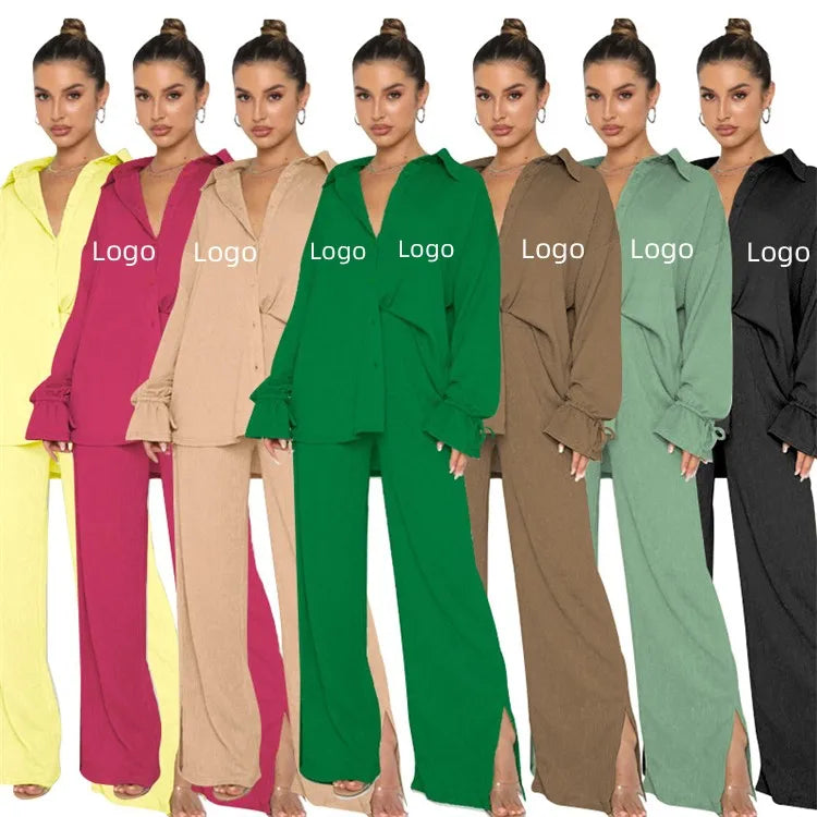 Custom Women's Clothing Casual Knitting 2 Piece Sets Solid Color Long Sleeve Blouse with Trouser