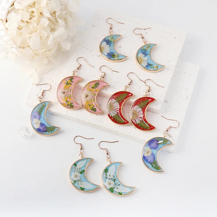 Moon Shape C Earrings Real Flower Earrings Resin Dried Flower Earrings Jewelry for Women