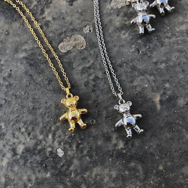 Wholesale Custom 18K Gold Plated Stainless Steel Cute Cartoon Teddy Bear Charm Pendant Link Chain Wedding Necklace