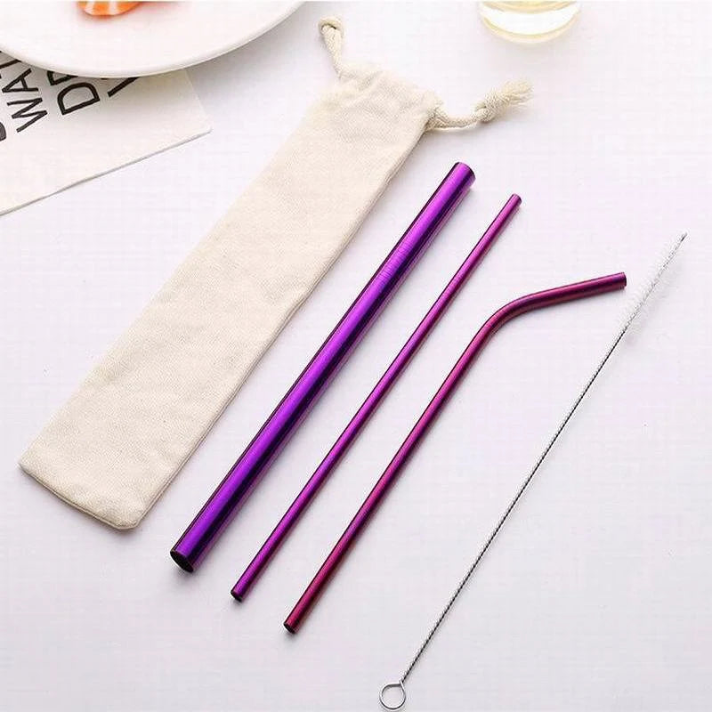 Portable Cocktail Printing Eco Drinking Metal Straw Set Pouch Bag Cleaning Brush Straws With Logo
