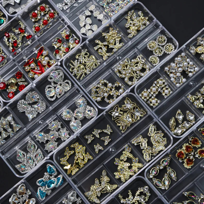 6 Grid Alloy Box Nail Art Diamond Bow Planet Pearl Mixed DIY Nail Art Charm Jewelry Decoration Accessories