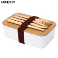 Eco-Friendly 1000ml Divided Wood Lid Bento Box Dishwasher Safe BPA-Free Adult Office School Kids Lunch Box Flatware Heatable