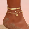 Butterfly 3 Piece Set Foot Decoration Fish Bone Chain Love Pendant Style Bohemian Anklet