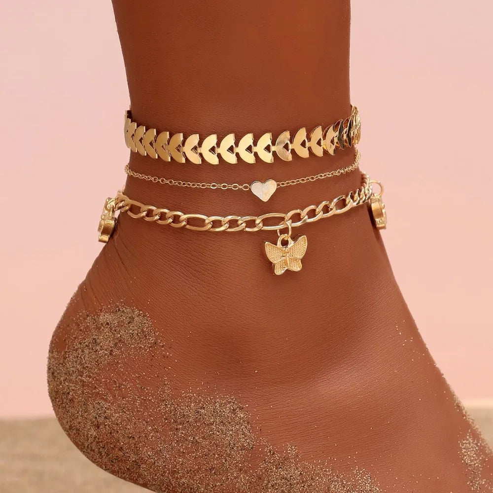 Butterfly 3 Piece Set Foot Decoration Fish Bone Chain Love Pendant Style Bohemian Anklet