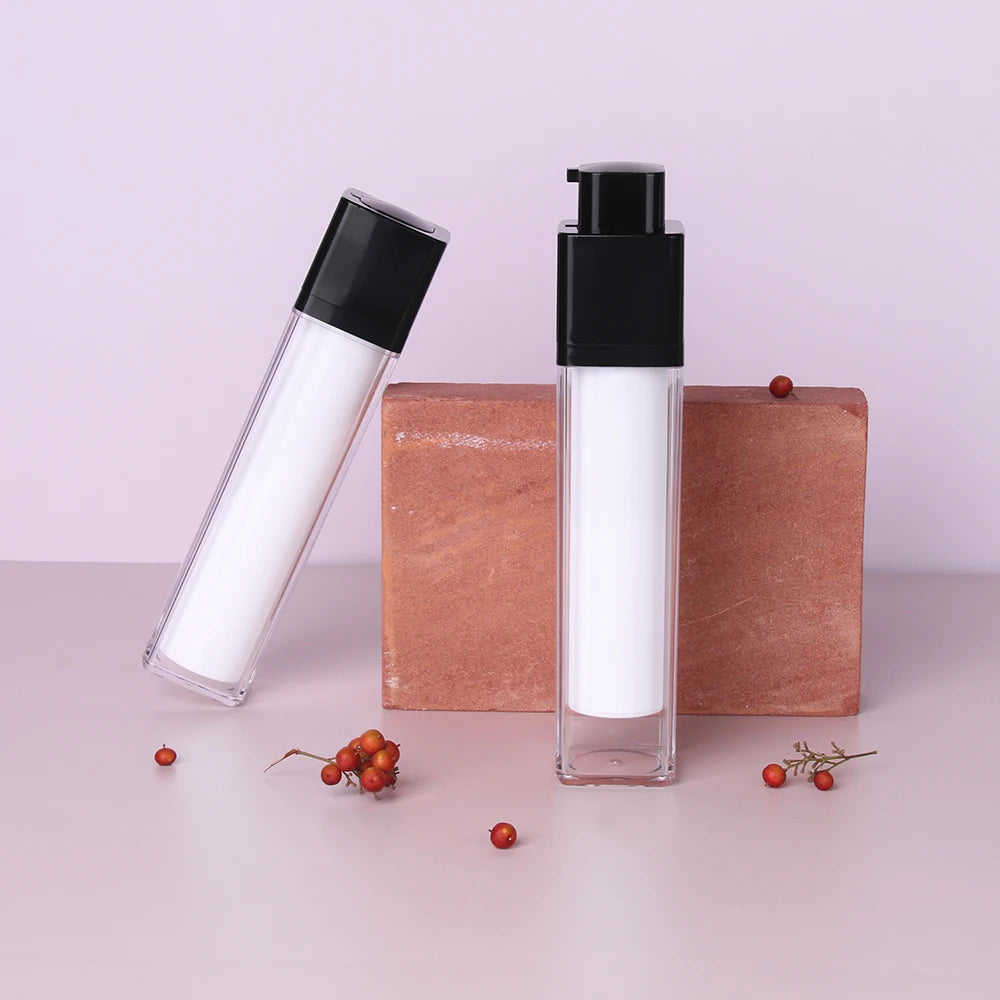Square Shape White and Black Pump Plastic Airless Bottle for Serum Essential Oil Lotion 50ml Skin Care Packaging MSDS